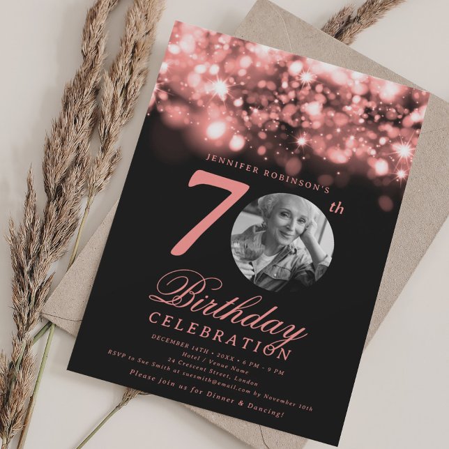 Photo 70th Birthday Rose Gold Midnight Glam  Invitation (Photo 70th Birthday Rose Gold Midnight Glam Invitation)