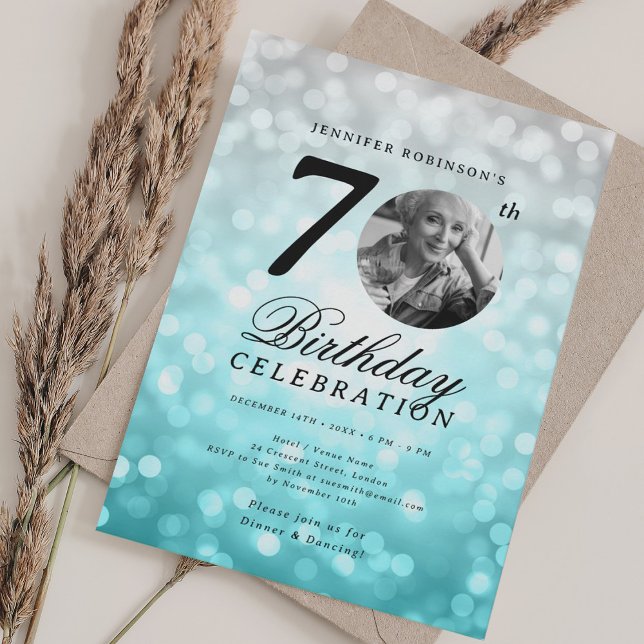 Photo 70th Birthday Silver Teal Ombre Bokeh Invitation (Photo 70th Birthday Silver Teal Ombre Bokeh Invitation)