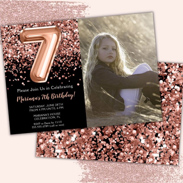 Photo 7th Black Rose Gold Glitter Birthday  Invitation (Creator Uploaded)