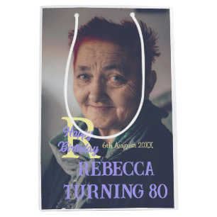 Photo 80th birthday add name date modern purple ye medium gift bag