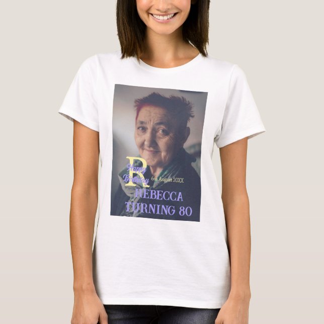 Photo 80th birthday add name date modern purple ye T-Shirt (Front)