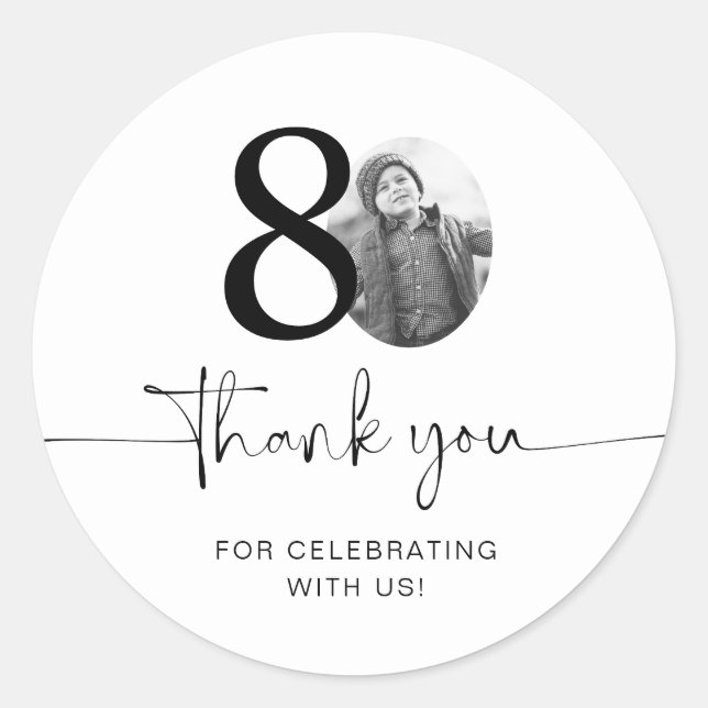 Photo 80th Birthday Thank You Classic Round Sticker (Front)