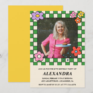 Photo 87th birthday invitation Retro Groovy Floral