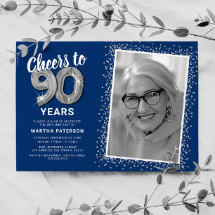 Photo 90th Birthday Silver Balloons Invitation
