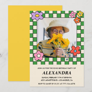 Photo 92nd birthday invitation Retro Groovy Floral