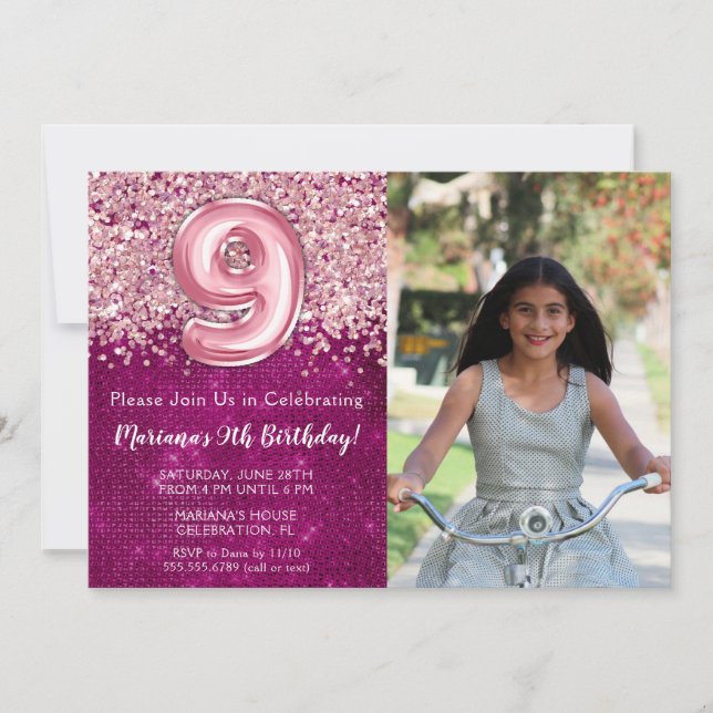 Photo 9th Magenta Pink Glitter Birthday Invitation (Front)