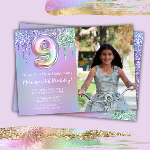 Photo 9th Purple Pink Glitter Birthday Party Invitation