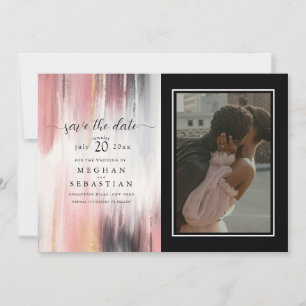 Photo Abstract Brush Strokes Blush Gold Charcoal  Save The Date