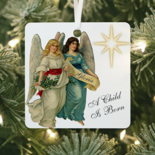 Photo Add Name Vintage Angels & Christmas Star  Metal Tree Decoration