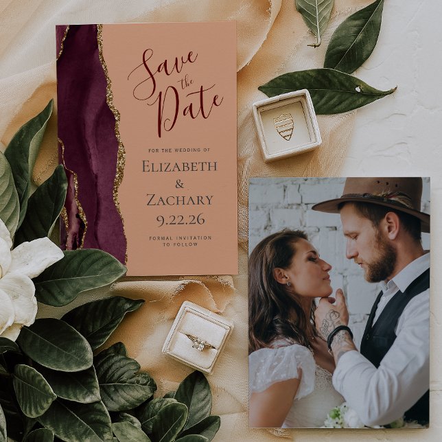 Photo Agate Burgundy Gold Peach Save the Date Card (Creator Uploaded)