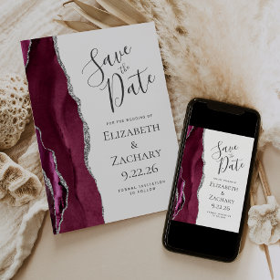 Photo Agate Burgundy Silver Save the Date Card