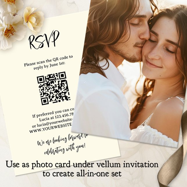 Photo All in One Vellum Background Wedding Invitation (Photo wedding invitation background with RSVP and QR code - all-in-one with vellum invite)
