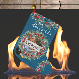 Photo and Name Christmas Wreath Custom Large Christmas Stocking