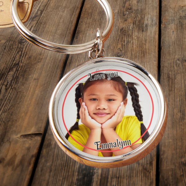 Photo and name in black and white with red circle key ring (Creator Uploaded)
