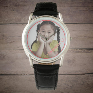 Photo and name in red with red frame watch