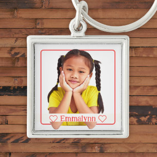 Photo and name on white with red frame key ring