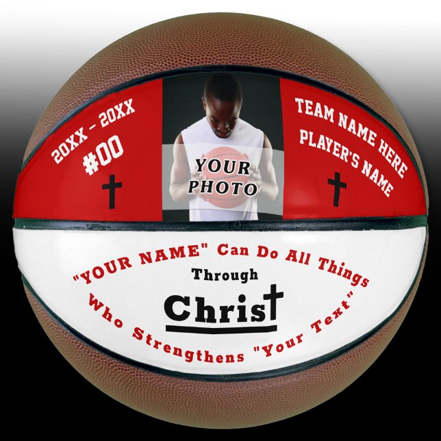 Photo and Personalised Bible Verse Basketball (Christian Basketball, Personalized. Red, White and Black. I can do all things through Christ. B Ball)