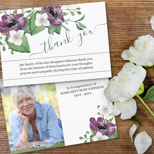 Photo and Purple Flowers Funeral Thank You Card (Creator Uploaded)