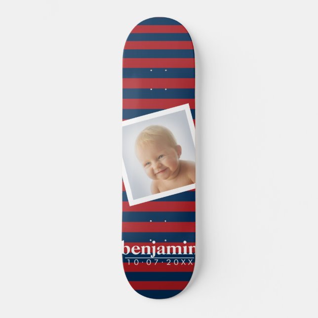 Photo and Red Blue Striped Pattern - Name Skateboard (Front)