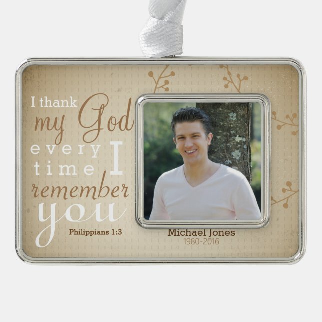 Photo and  Scripture Memorial Silver Plated Framed Ornament (Front)