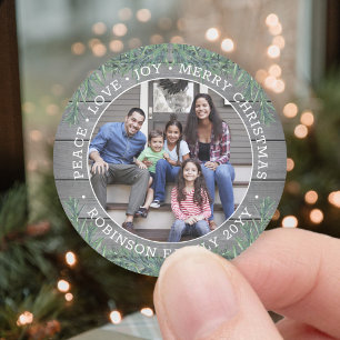 Photo & Any Text Christmas Greenery & Grey Wood Classic Round Sticker