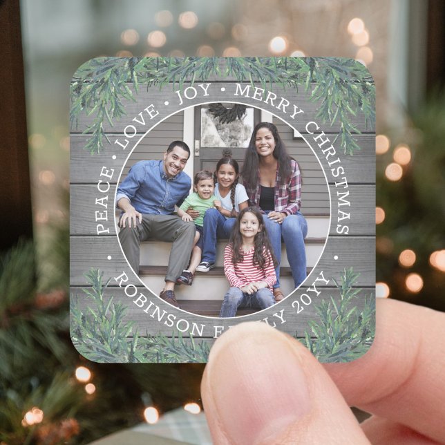 Photo & Any Text Christmas Greenery & Grey Wood Square Sticker (Creator Uploaded)