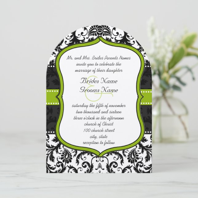 Photo Apple Green Black Vintage Damask Wedding Invitation (Standing Front)
