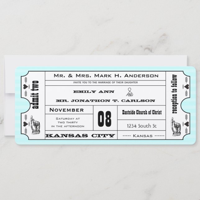 Photo Aqua Modern Typography Ticket Wedding Invitation (Front)