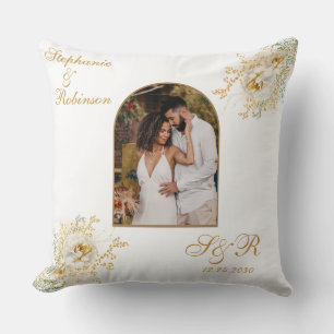 Photo Arch Elegant Gold Floral Monogram Wedding Cushion