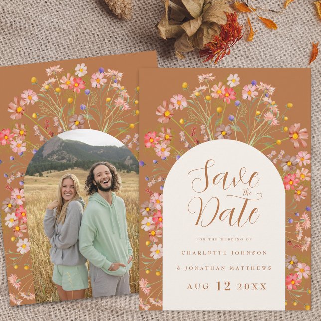 Photo Arch Floral Wildflower Boho Wedding Save The Date (Photo floral arch wildflower boho fall wedding save the date invitation Elegant script)