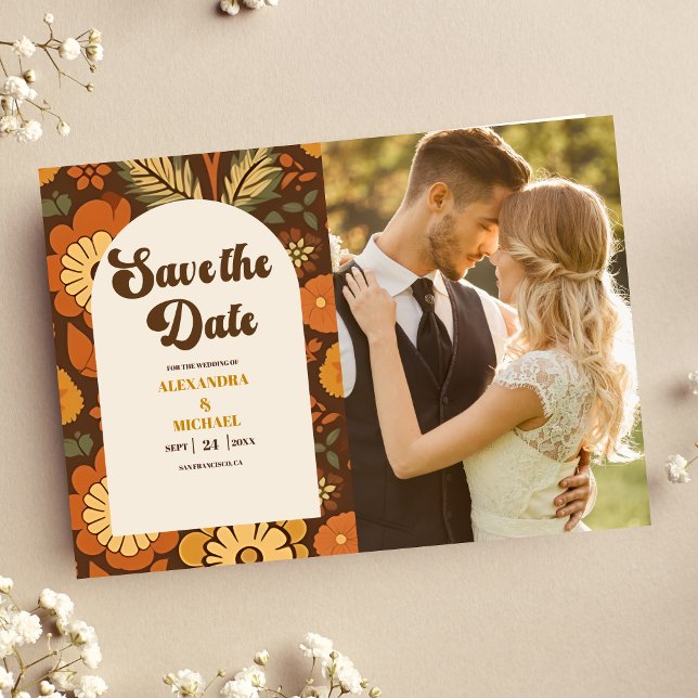 Photo Arch Modern Retro 70s Floral Wedding Save The Date (Creator Uploaded)