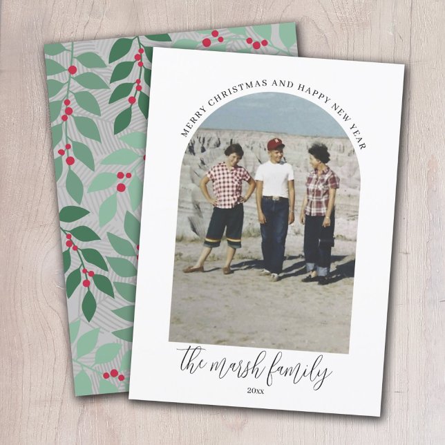 Photo Arch - Script Family Name - botanical back Holiday Card (Creator Uploaded)