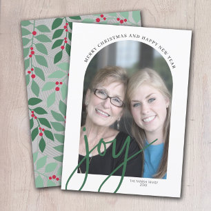 Photo Arch with Huge Joy Script - botanical back Holiday Card