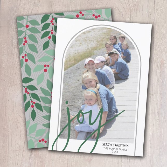 Photo Arch with Huge Joy Script - botanical back Holiday Card (Creator Uploaded)