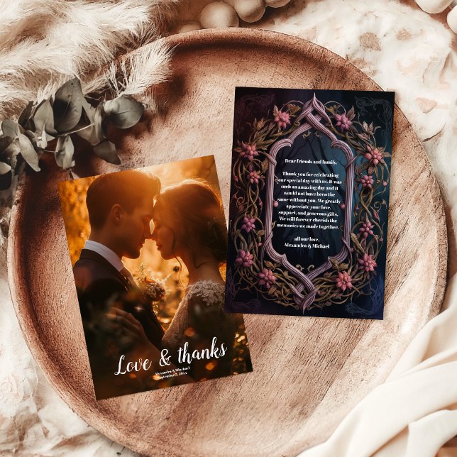 Photo Art Nouveau Floral Gothic Halloween Wedding Thank You Card (Creator Uploaded)