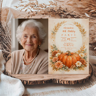Photo Autumn Pumpkin Floral Birthday Invitation