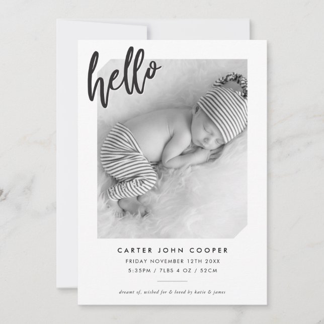 PHOTO BABY ANNOUNCEMENT simple modern hello script (Front)