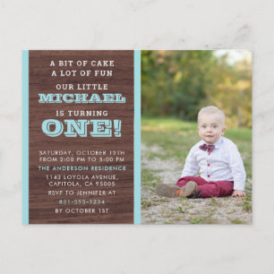 Photo Baby Boy First Birthday Wooden Background Invitation Postcard