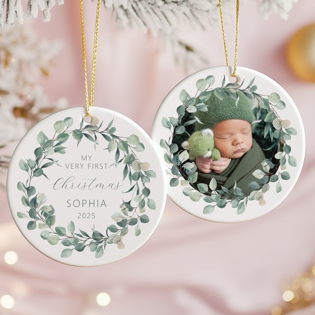 Photo Baby First Christmas Eucalyptus Wreath Ceramic Tree Decoration (Creator Uploaded)