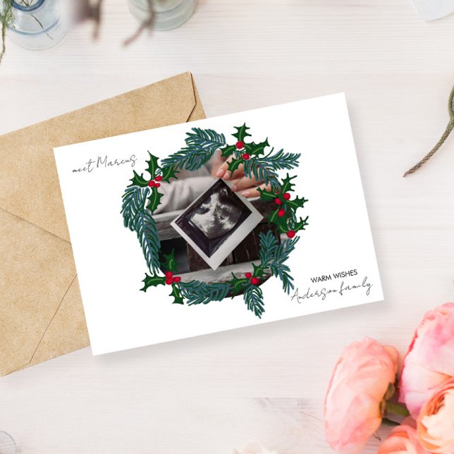 Photo baby framed in Christmas wreath Holiday Card (Creator Uploaded)