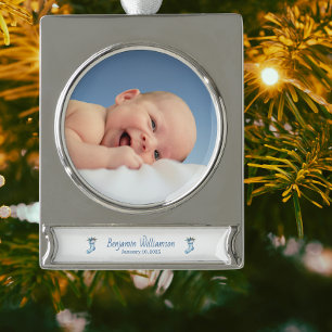 Photo Baby My 1st Christmas Custom Blue Moderm Silver Plated Banner Ornament