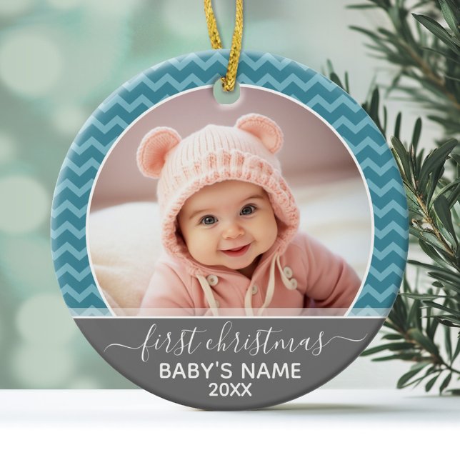 Photo Babys First Christmas - blue chevrons gray Ceramic Tree Decoration (Personalized Photo Ornament - Baby's First Christmas)