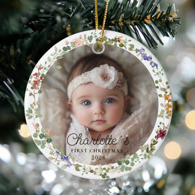Photo Baby's First Christmas - Cute Floral Wreath Ceramic Tree Decoration (Photo Baby's First Christmas - Cute Floral Wreath Ceramic Ornament)