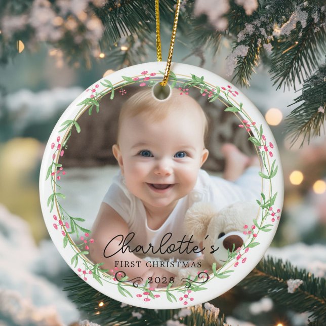 Photo Baby's First Christmas - Cute Rustic Wreath Ceramic Tree Decoration (Photo - Baby's First Christmas - Cute Rustic Wreath Ceramic Ornament.)