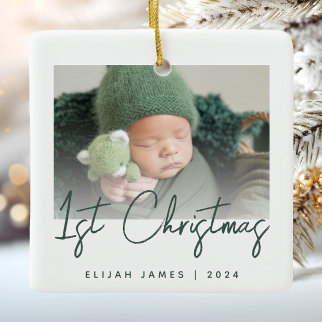 Photo Baby's First Christmas Green Script Ceramic Ornament (Creator Uploaded)