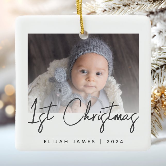 Photo Baby's First Christmas Grey Script Ceramic Ornament (Creator Uploaded)