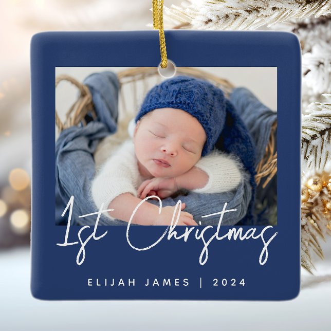 Photo Baby's First Christmas Navy Blue White Ceramic Ornament (Creator Uploaded)