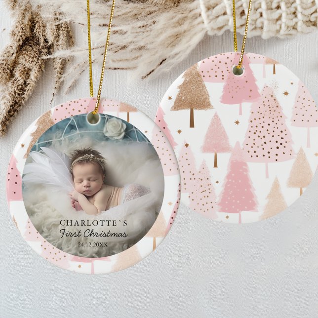 Photo Baby's First Christmas - Pink Christmas Tree Ceramic Tree Decoration (Photo Baby's First Christmas - Pink Christmas Tree Ceramic Ornament)