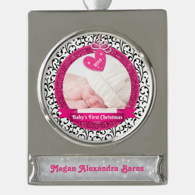 Photo Baby's First Christmas Pink Heart Damask Silver Plated Banner Ornament (Front)