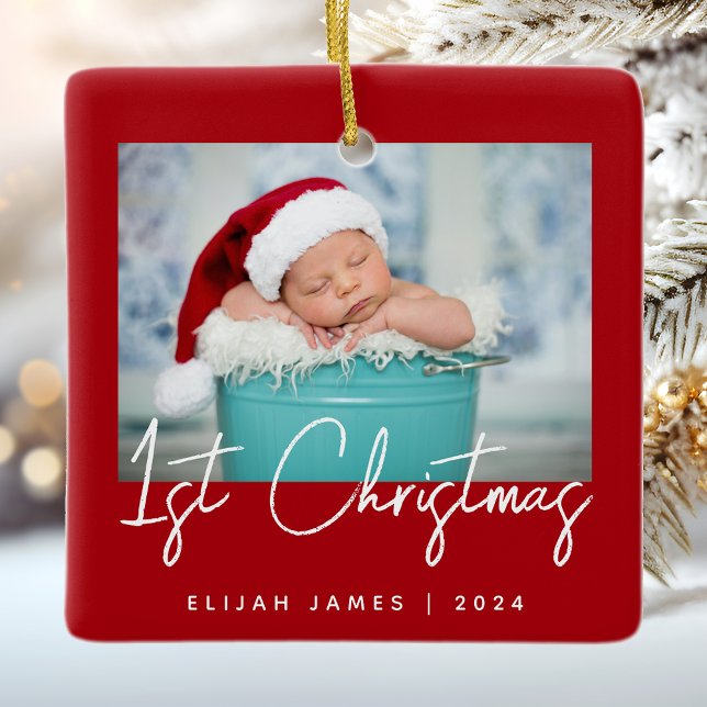 Photo Baby's First Christmas Red White Script Ceramic Ornament (Creator Uploaded)